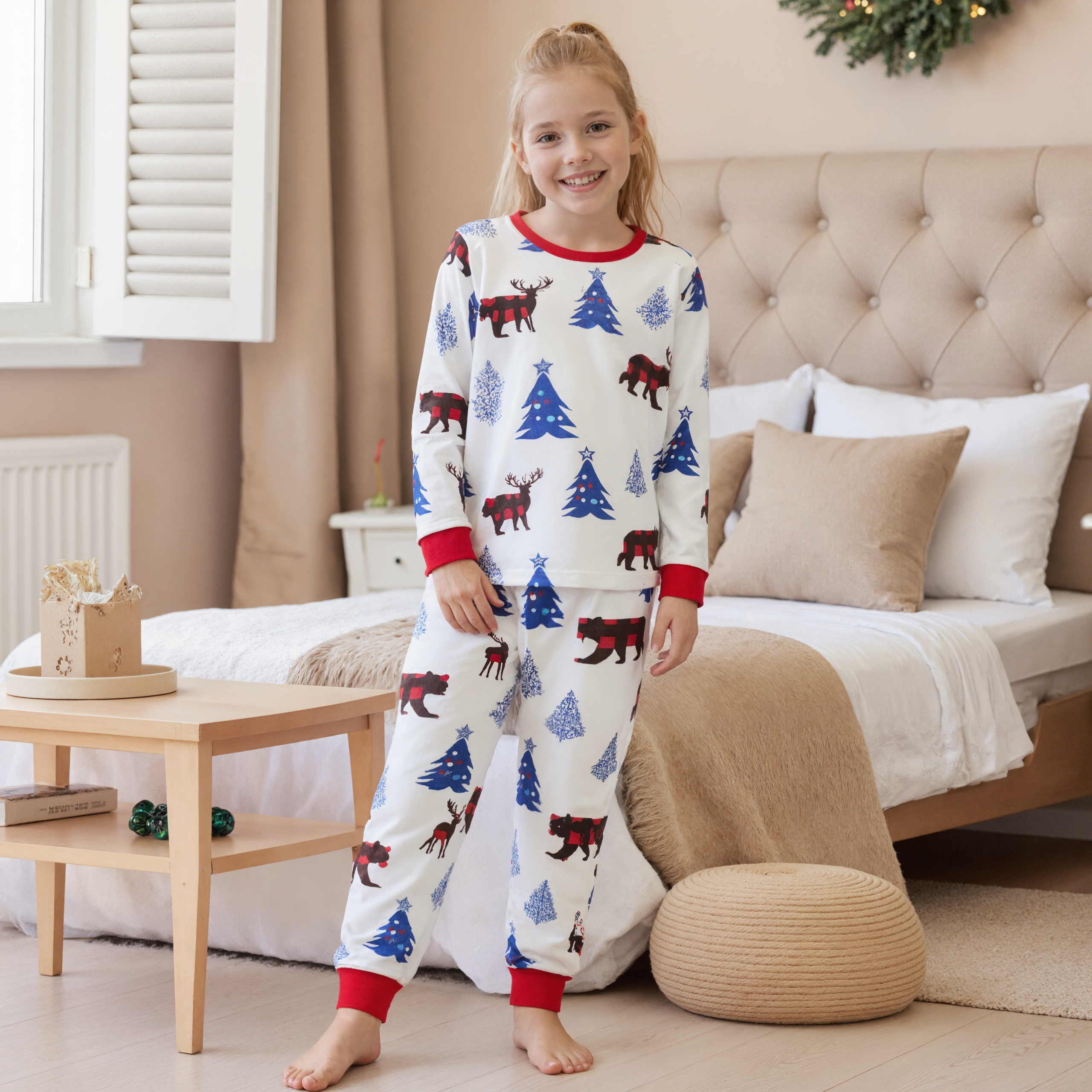 Long Sleeve Bear Print Tops and Plaid Pants Family Matching Pajama Sets