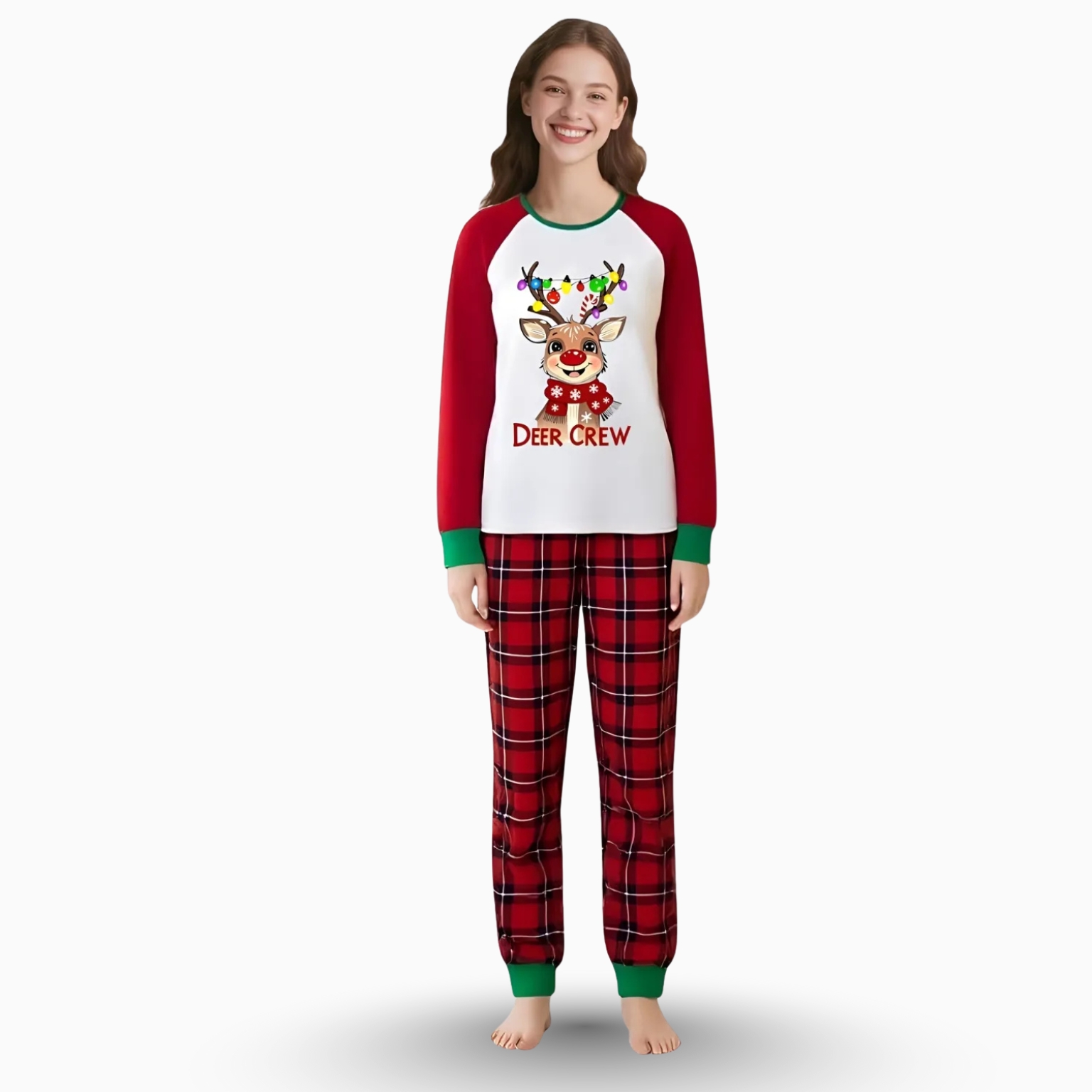 Deer Crew Reindeer Light Printed Plaid Family Matching Christmas Pajama Set