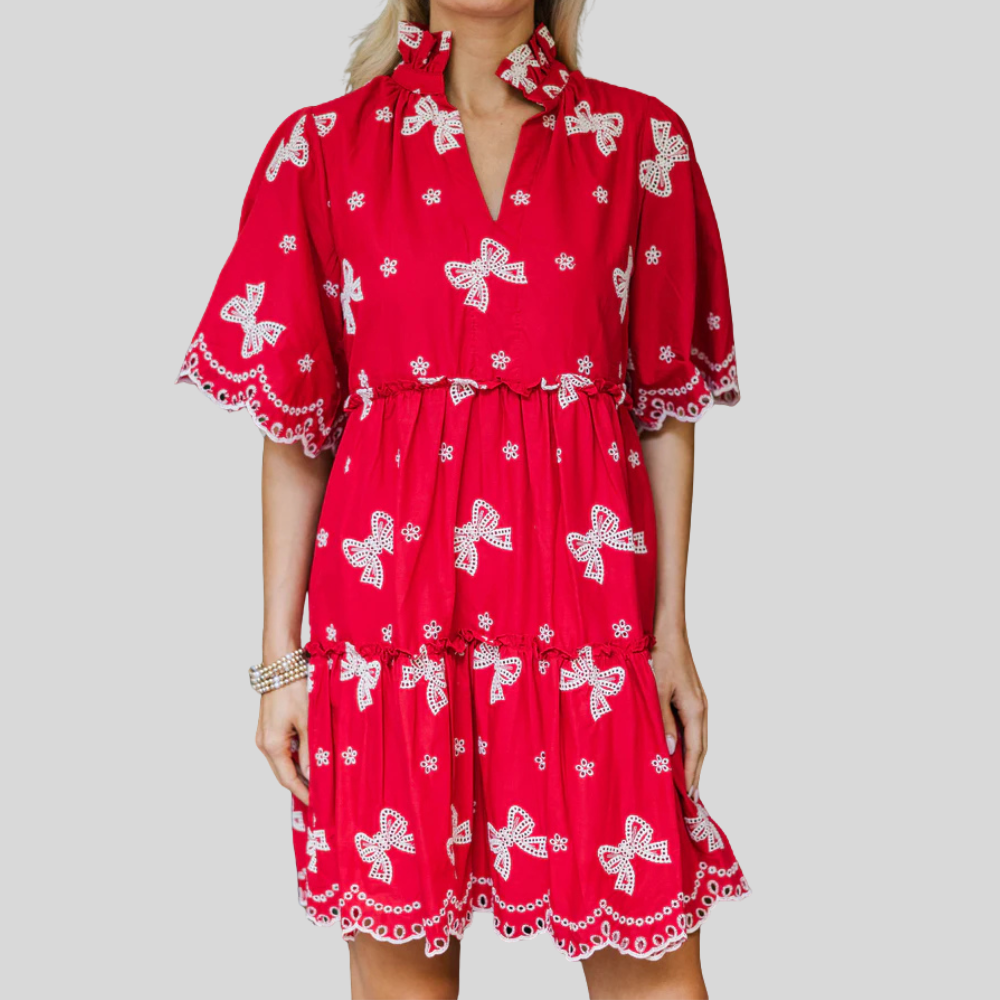 Bow Printed Embroidered Dress For Women