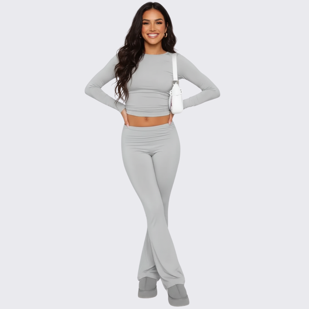 Long Sleeve Crop Top And Flare Pants Loungewear Set For Women
