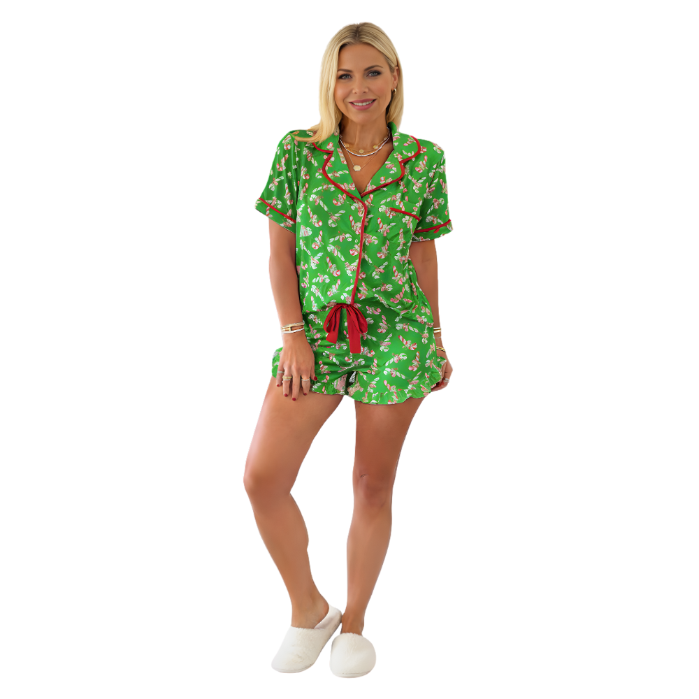 Christmas Candy Cane Print Pajama Short Set For Women