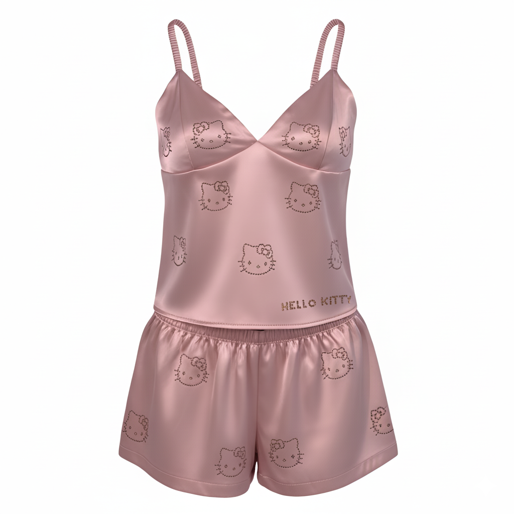 Two Piece Satin Camisole Pajama Shorts Set