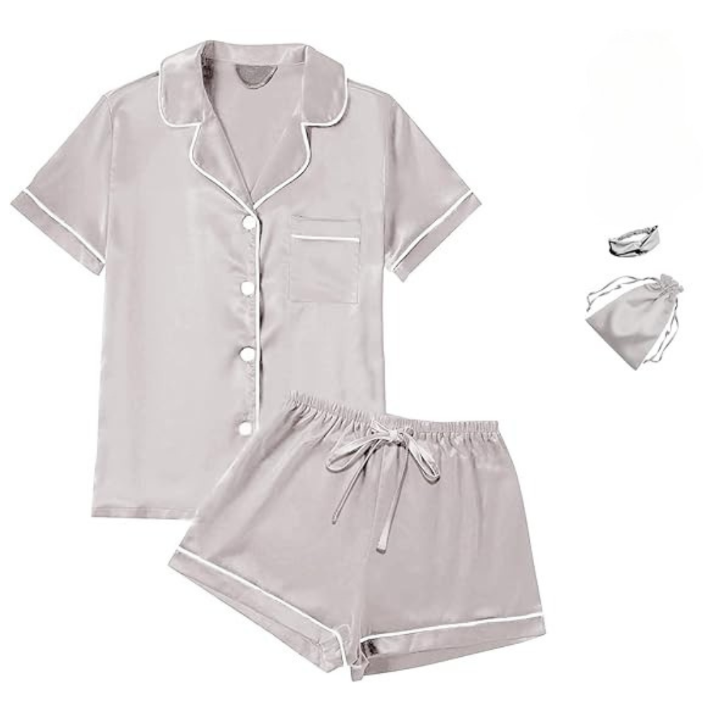 4Pcs Womens Satin Silky Short Sleeve Shirt Pajamas Set