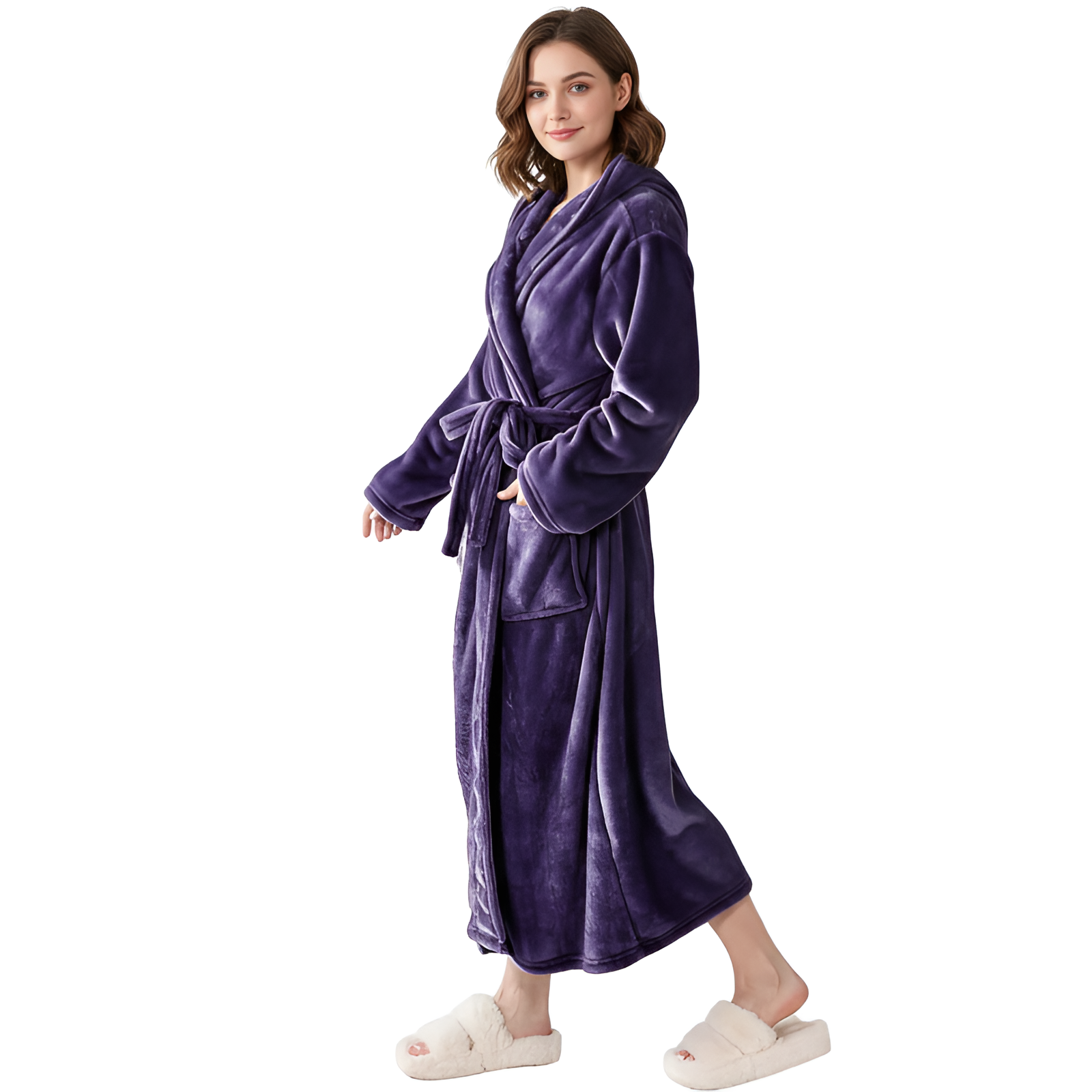 Full Length Hooded Plush Fleece Bathrobe For Women