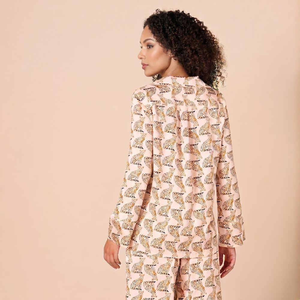 Cheetah Printed Long Sleeve Satin Pajama Shirt