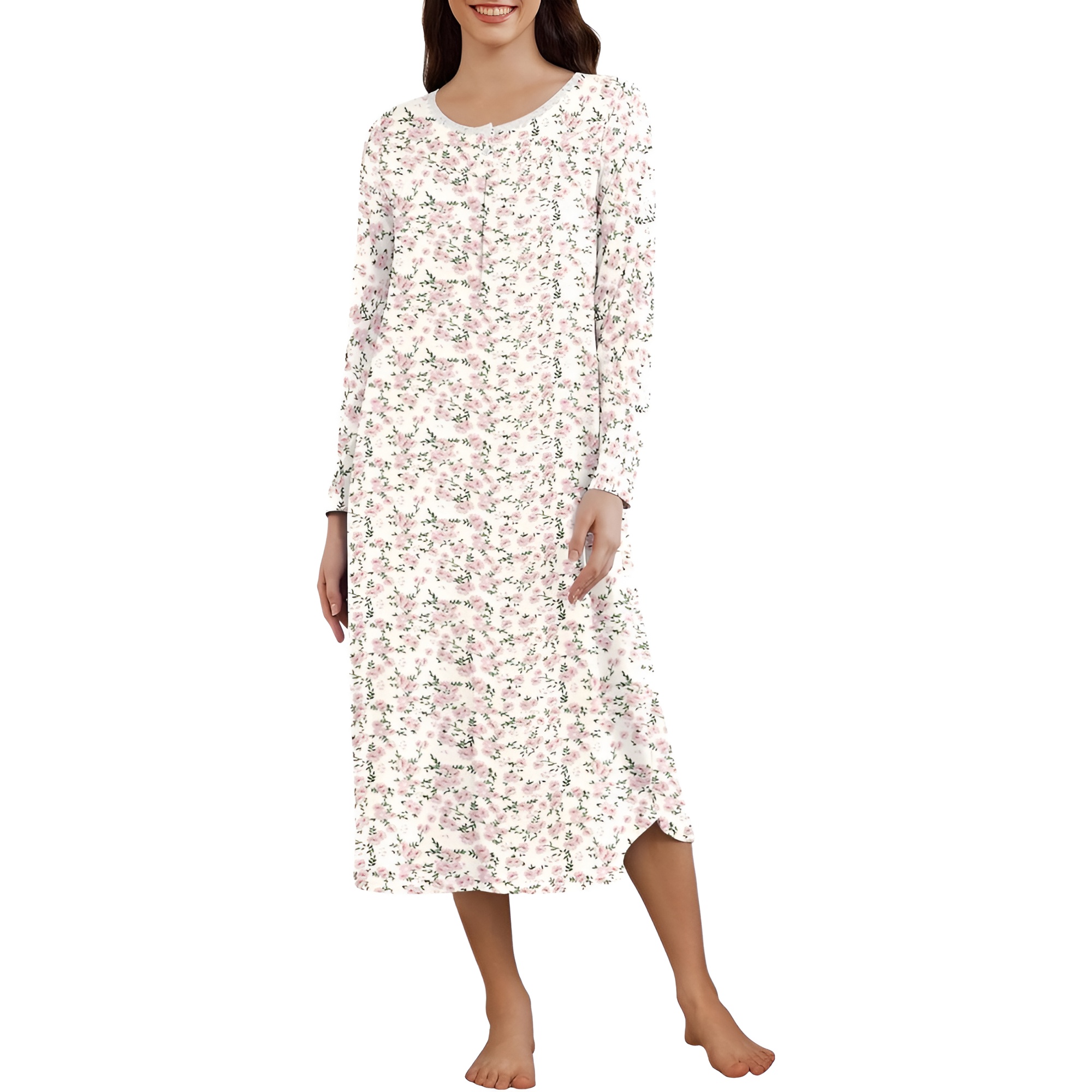 Long Sleeve Nightgown Henley Sleep Dress