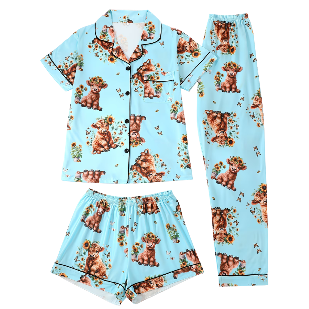 Three Piece Cow Print Pajama Set