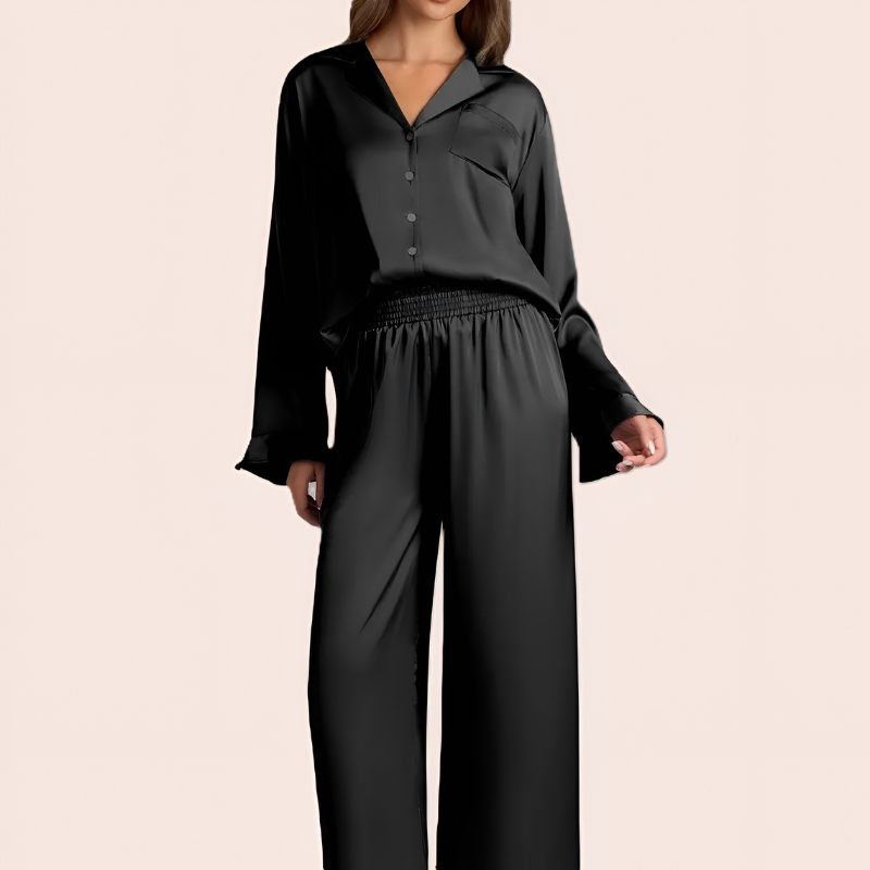 Ruffled Satin Long Sleeve Pajama Set