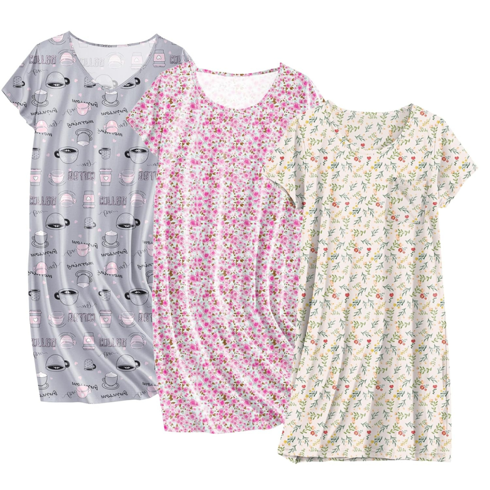 Pack Of 3 Soft Short Sleeve Sleepwear Dresses for Wo