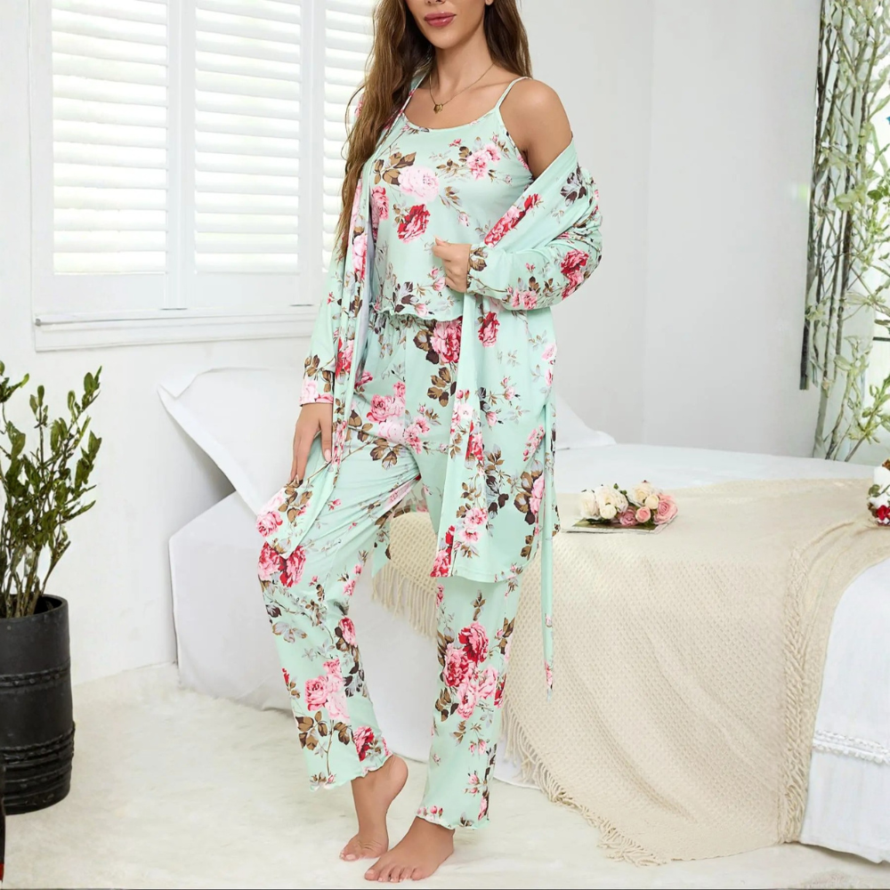 3 Piece Floral Print Pajama Set With Cami Top And Matching Pants