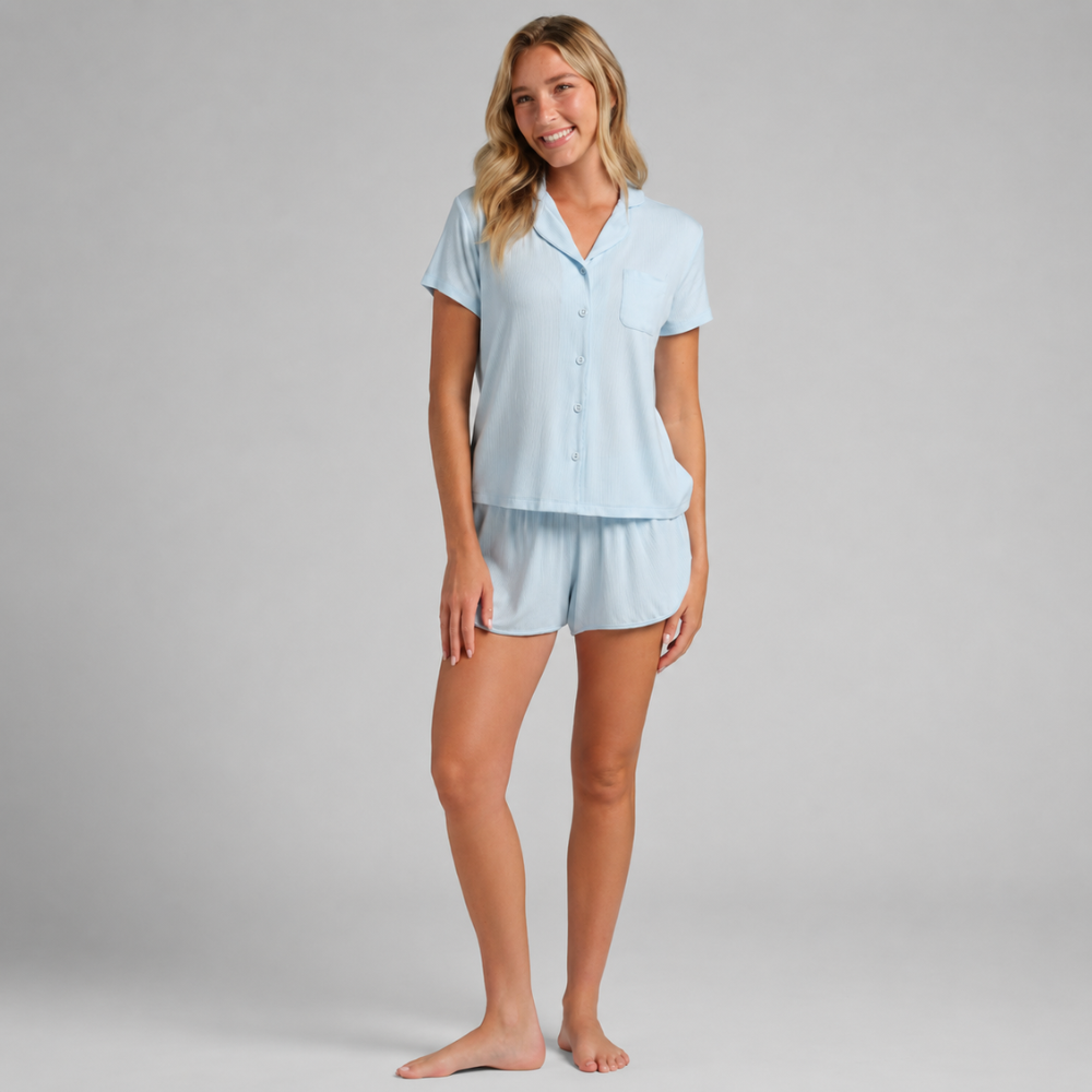 Soft Ribbed Short Sleeve Pajama Set For Women