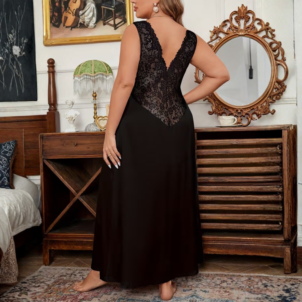 Plus Size Elegant Solid Color Lace Trim V Style Nightgown For Women