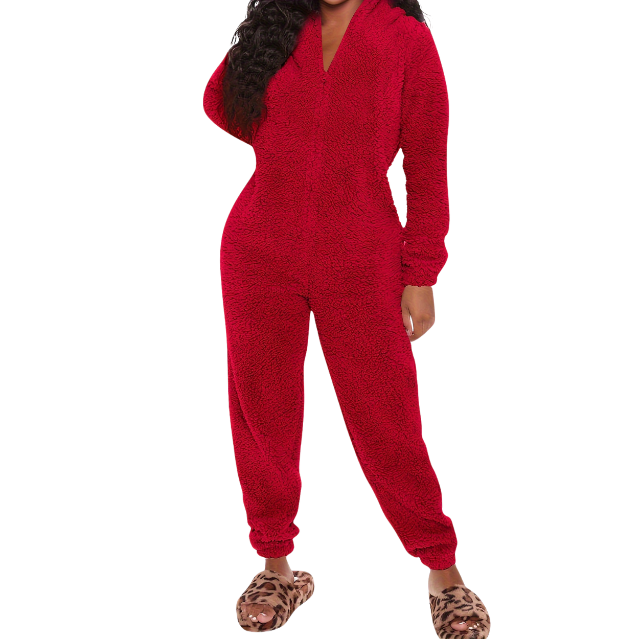 Fuzzy Hooded Pajama Jumpsuit With Zipper For Women