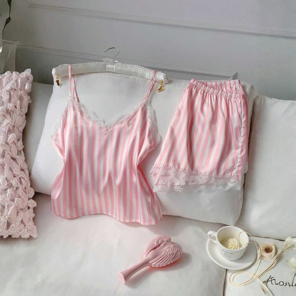 Vertical Stripe Lace Trim Satin Cami Top And Shorts Pajama Set For Women