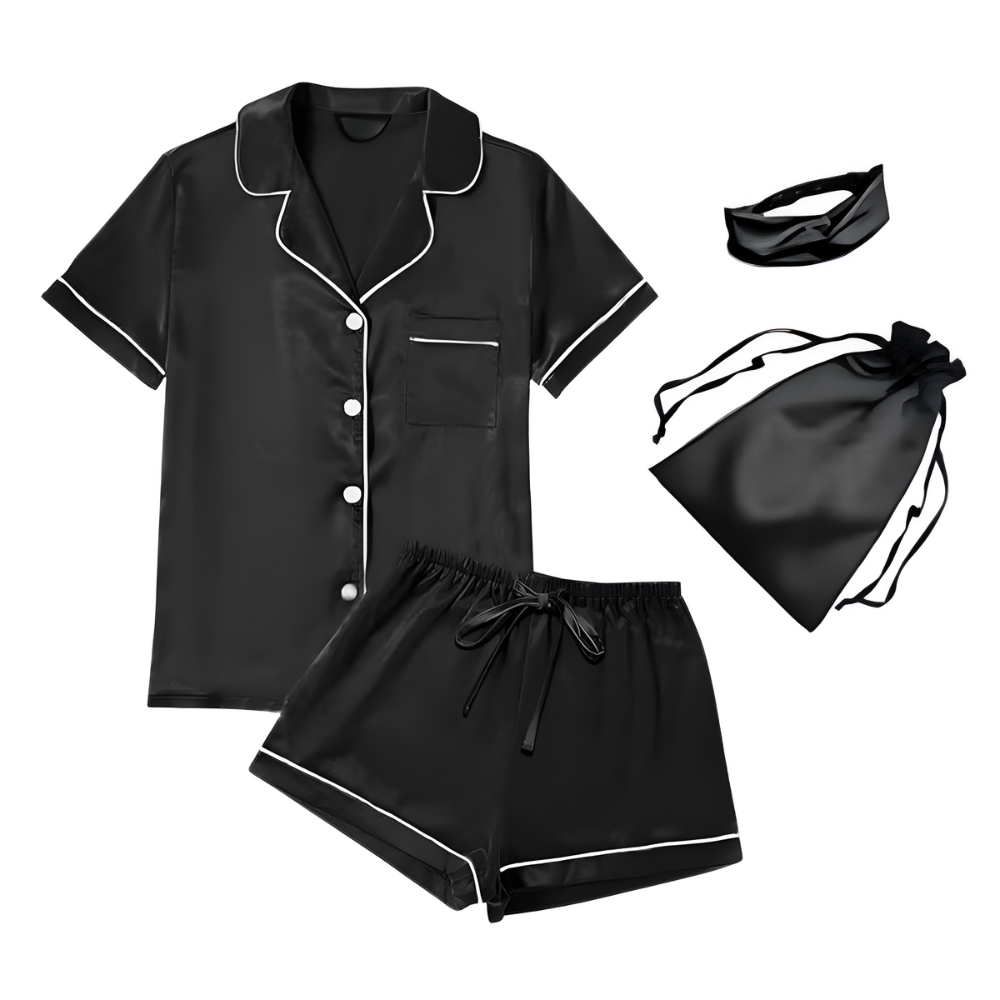 4 Pieces Women Satin Floral Pajama Set Short Sleeve Sleepwear