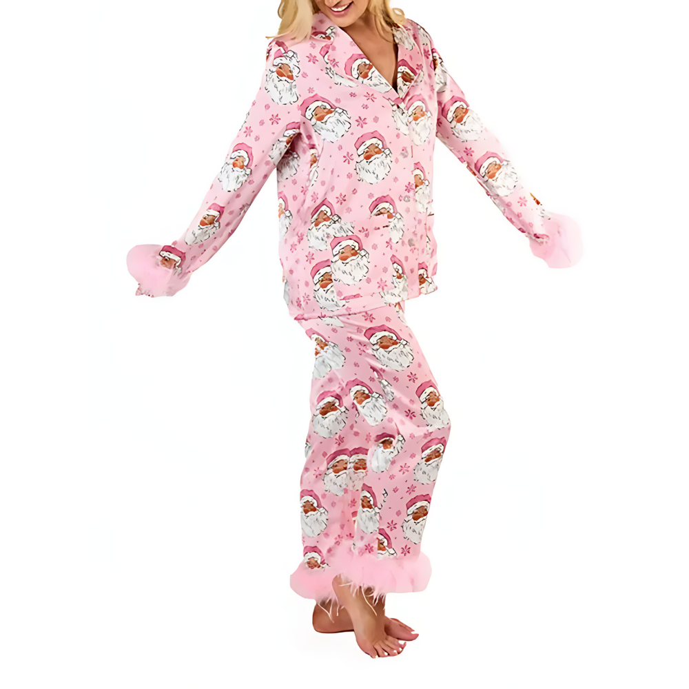 Santa Print Feather Trim Holiday Pajama Set-Original Pajamas