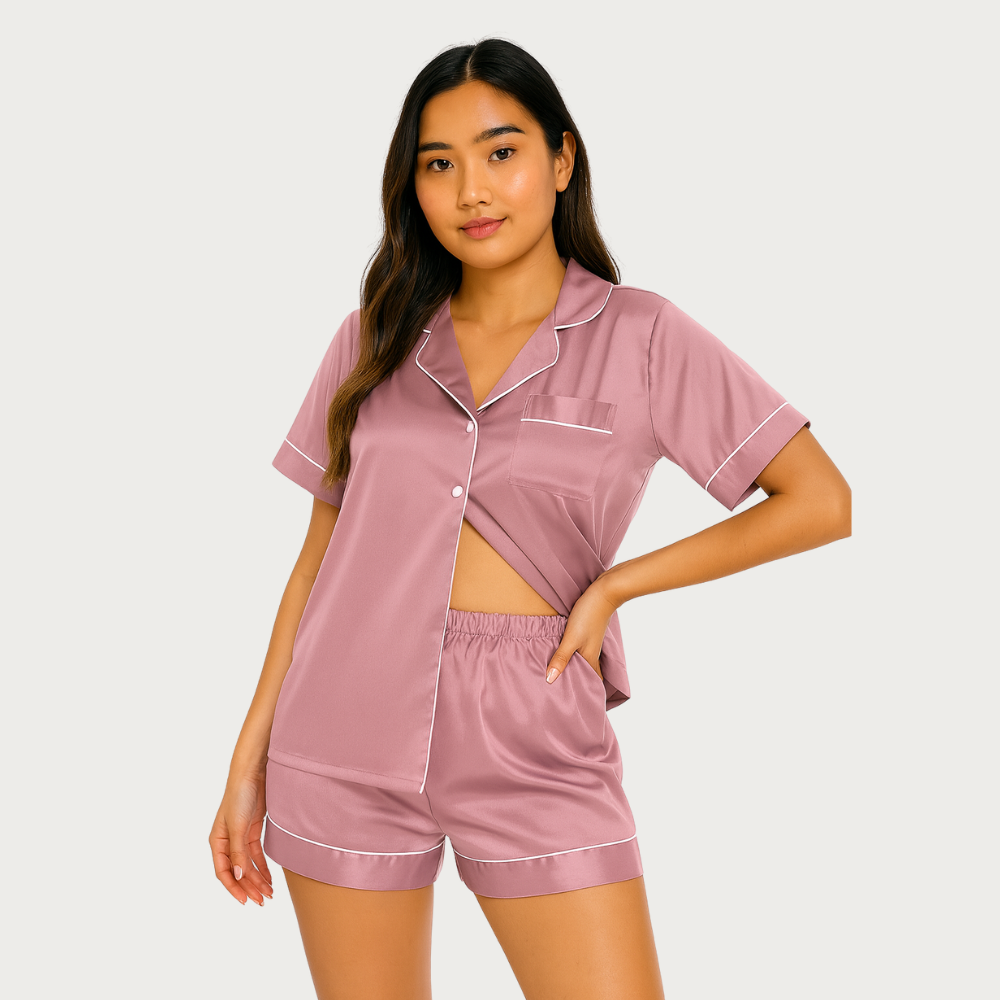 Women Satin Pajama Set 2 Piece Short Sleeve Sleepwear