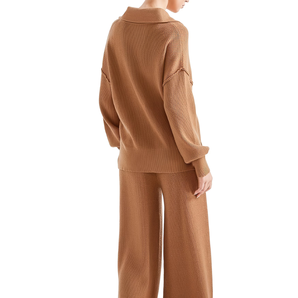 Zip Collar Knit Top Pant Set