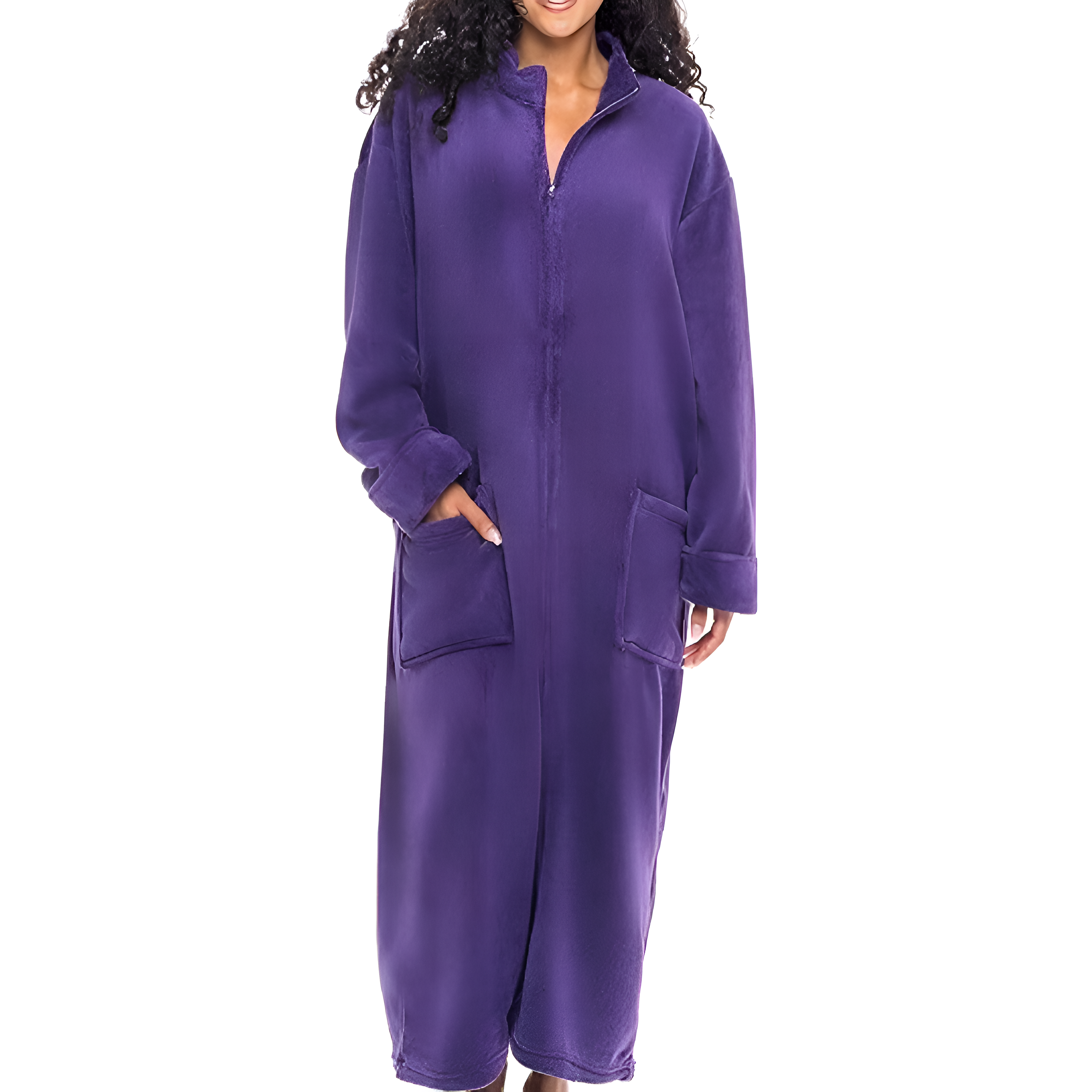Plush Zippered Bathrobe With Large Pockets For Women