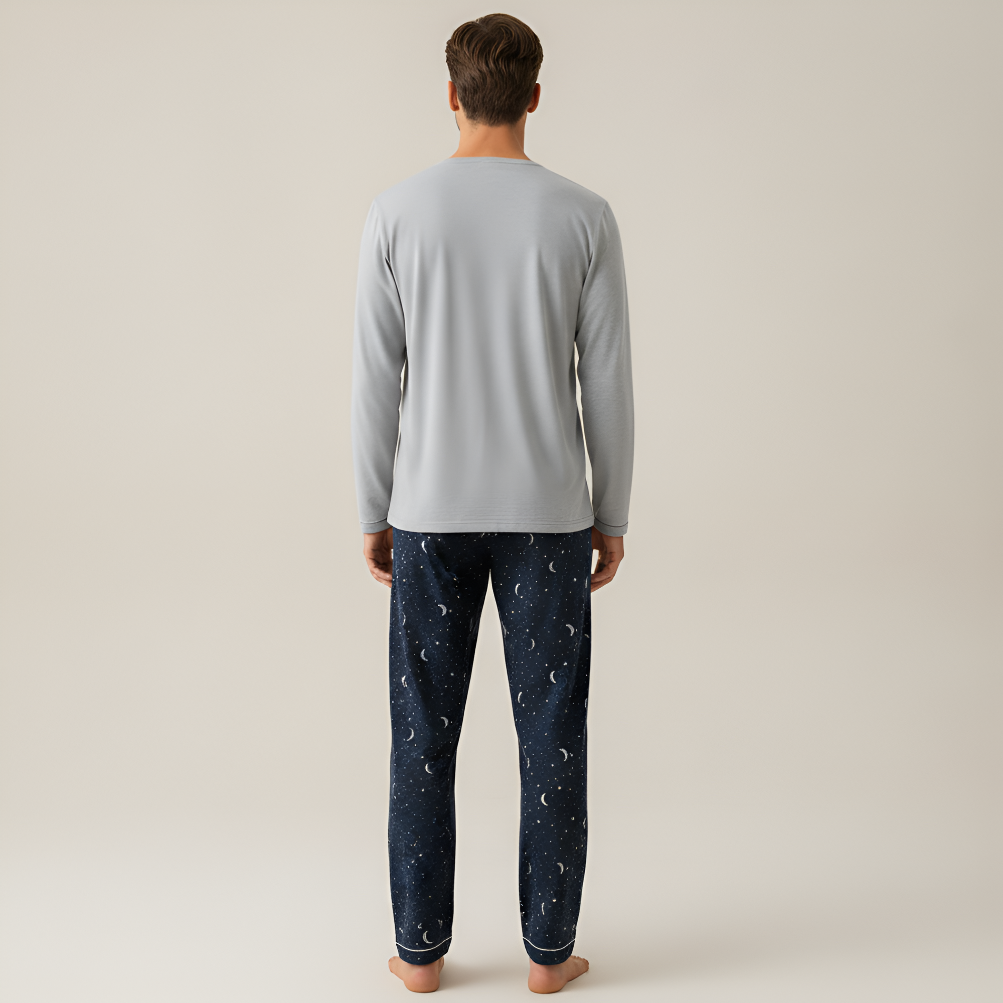 Couple Style Pajamas Long Sleeve Long Pants Star Moon Print Sleepwear Set Moon Print Sleepwear Set For Couples - Image 5