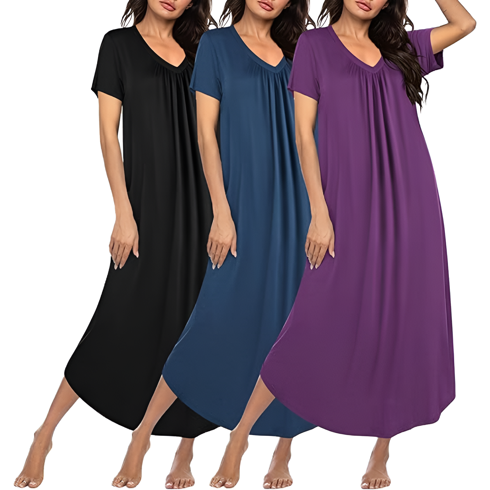 Pack Of 3 Long Nightgowns For Women With Short Sleeves