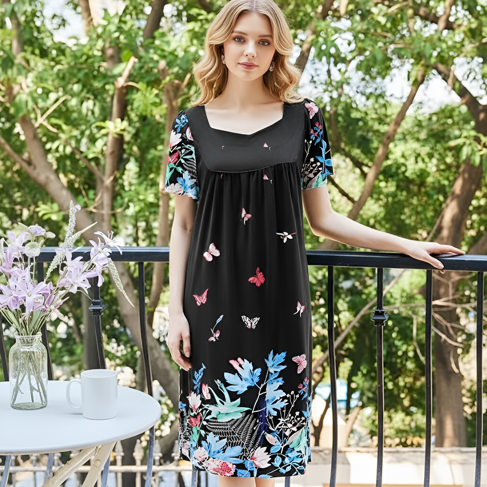 Pleated Nightgown With Short Sleeves And Pockets For Women