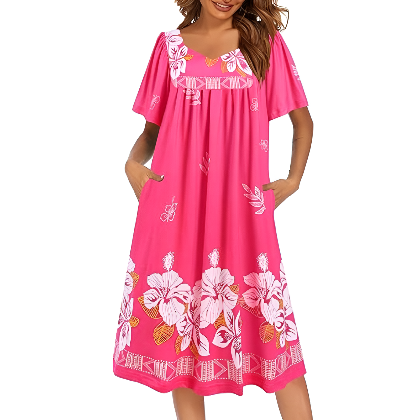 Pleated Nightgown With Short Sleeves And Pockets For Women