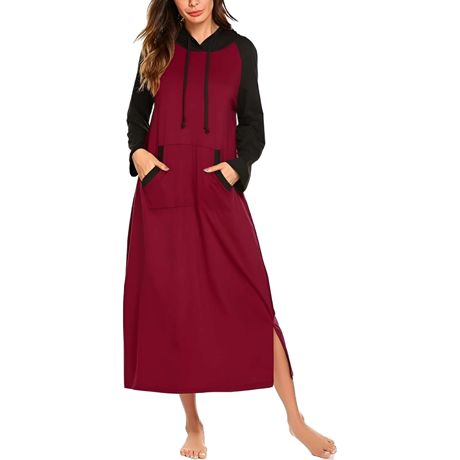 Hooded Nightgown Long Sleeve Full Length Loungewear With Pocket For Women