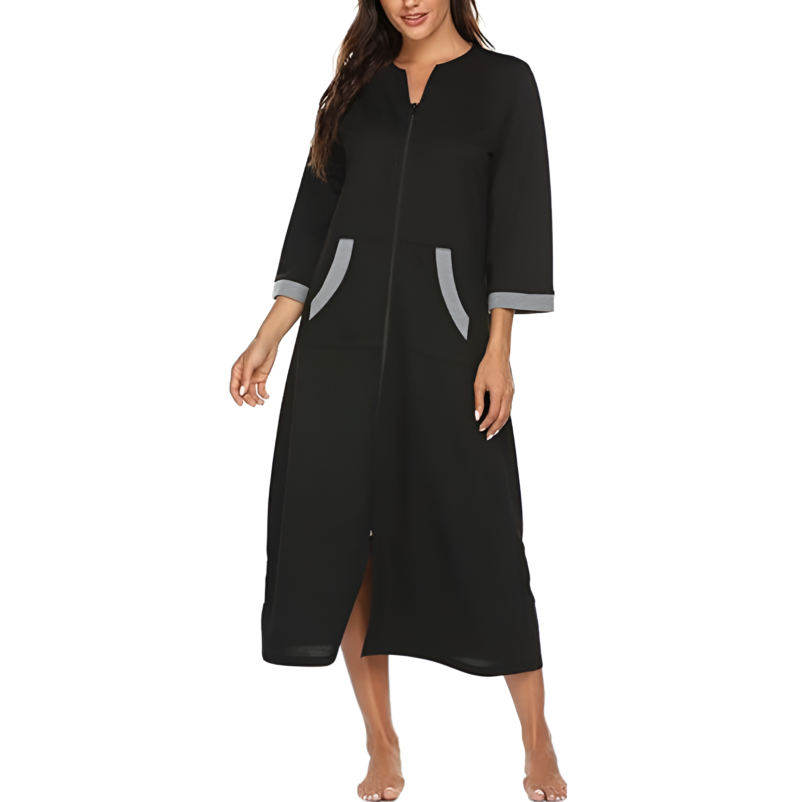Women Zipper Robe Sleeves Loungewear Dress Full Length Sleepwear Pockets