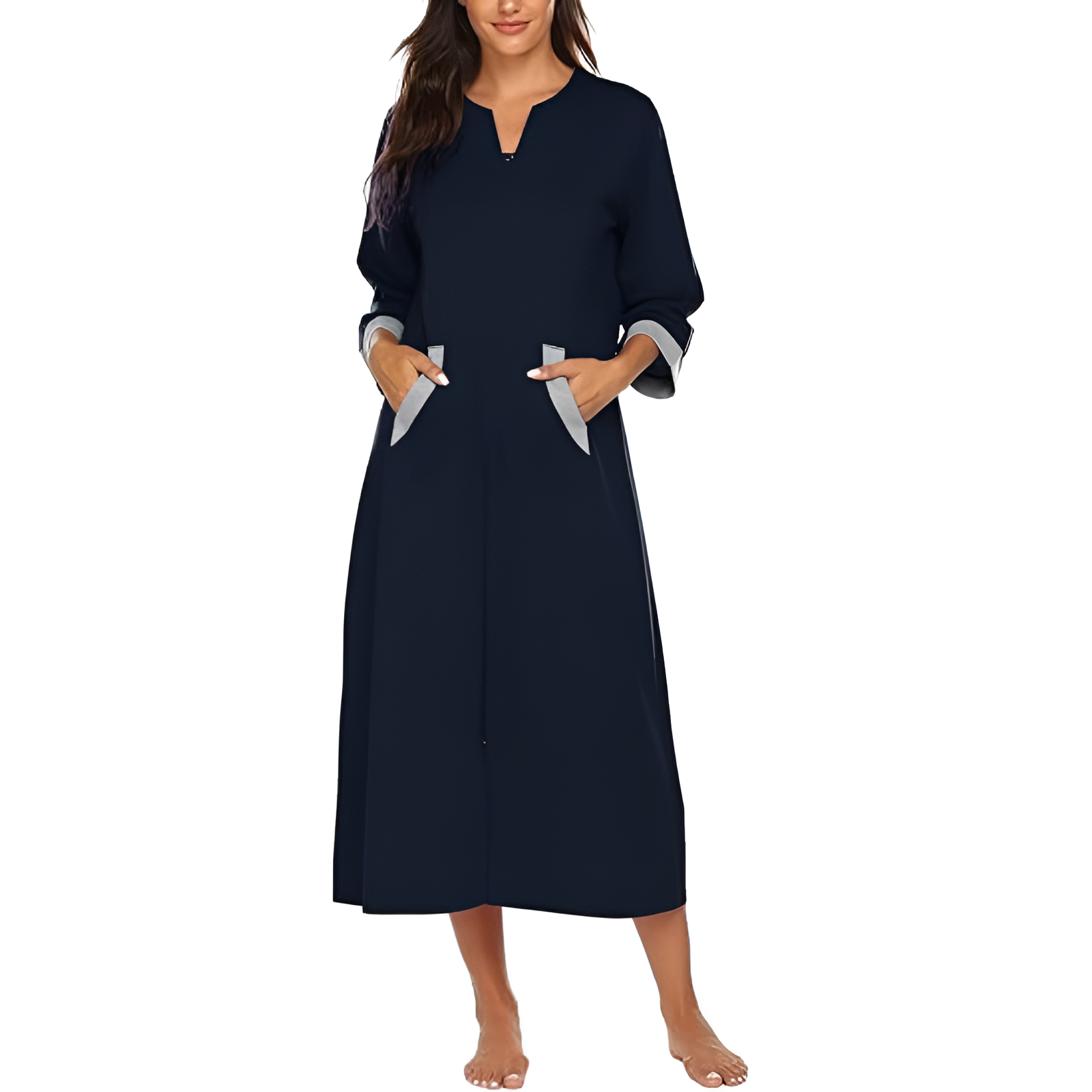 Women Zipper Robe Sleeves Loungewear Dress Full Length Sleepwear Pockets