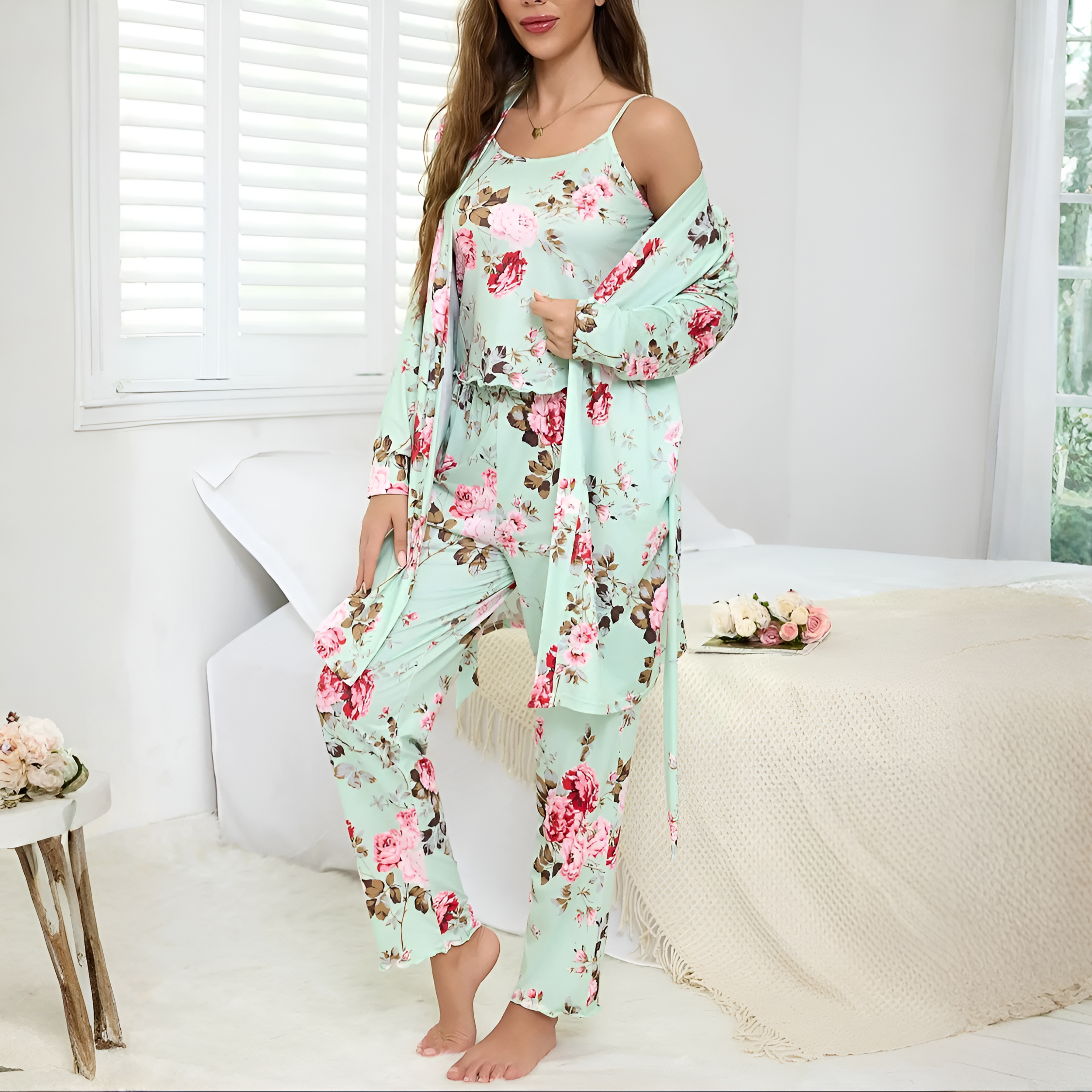 3 Piece Of Floral Print Sleepwear Pajama Set With Robe Cami And Pants For Women