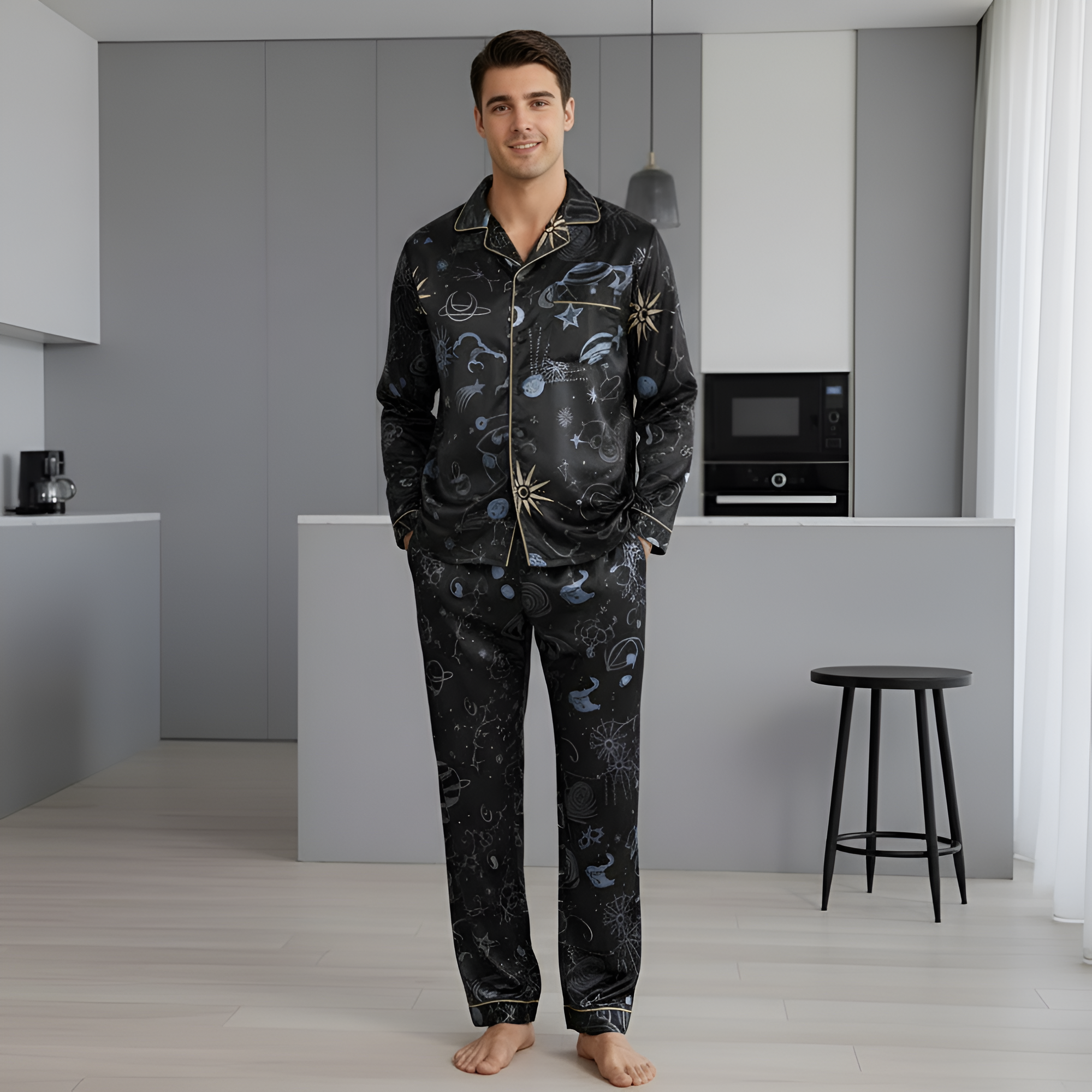 Couple'S Style Long-Sleeve Starry Sky Print Pajamas for Men Or WomenStarry Sky Print Button Pajama Set For Couple - Image 4