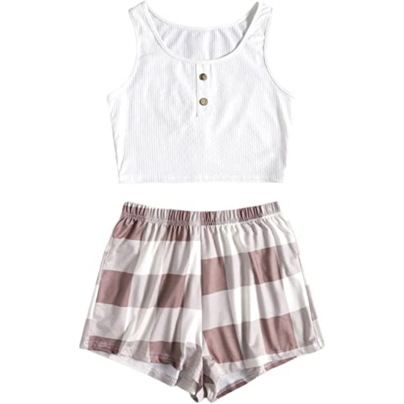 Women's 2 Piece Sleeveless Button Crop Tank Tops & Shorts Lounge Set-Original Pajamas