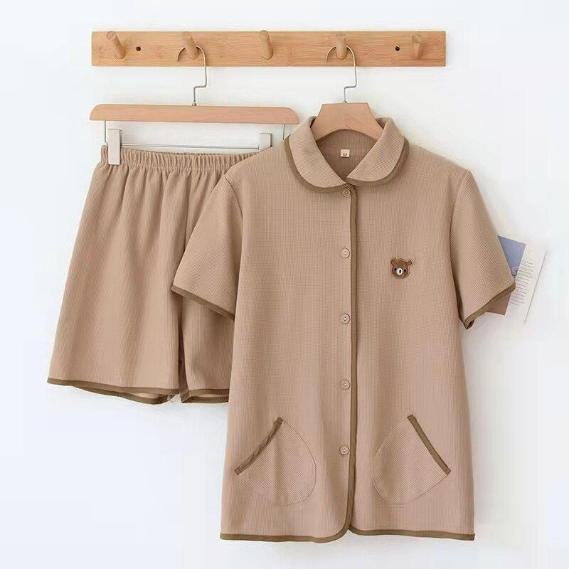 Cotton Knitted Couple 2 Piece Short Sleeve Pajama Set-Original Pajamas