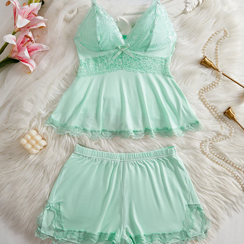Lace Trim Camisole Pajama Set With Adjustable Straps And Shorts