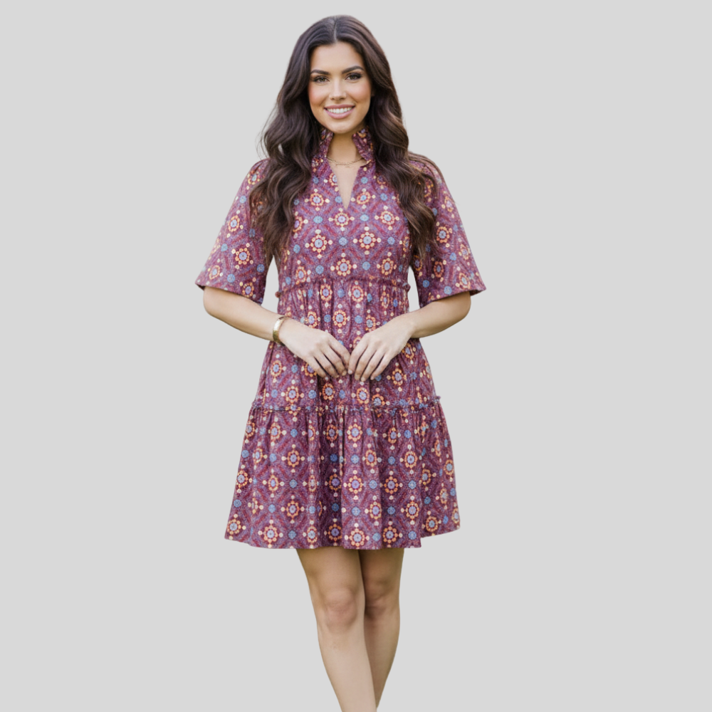 Embroidered Bow Printed Dress For Women