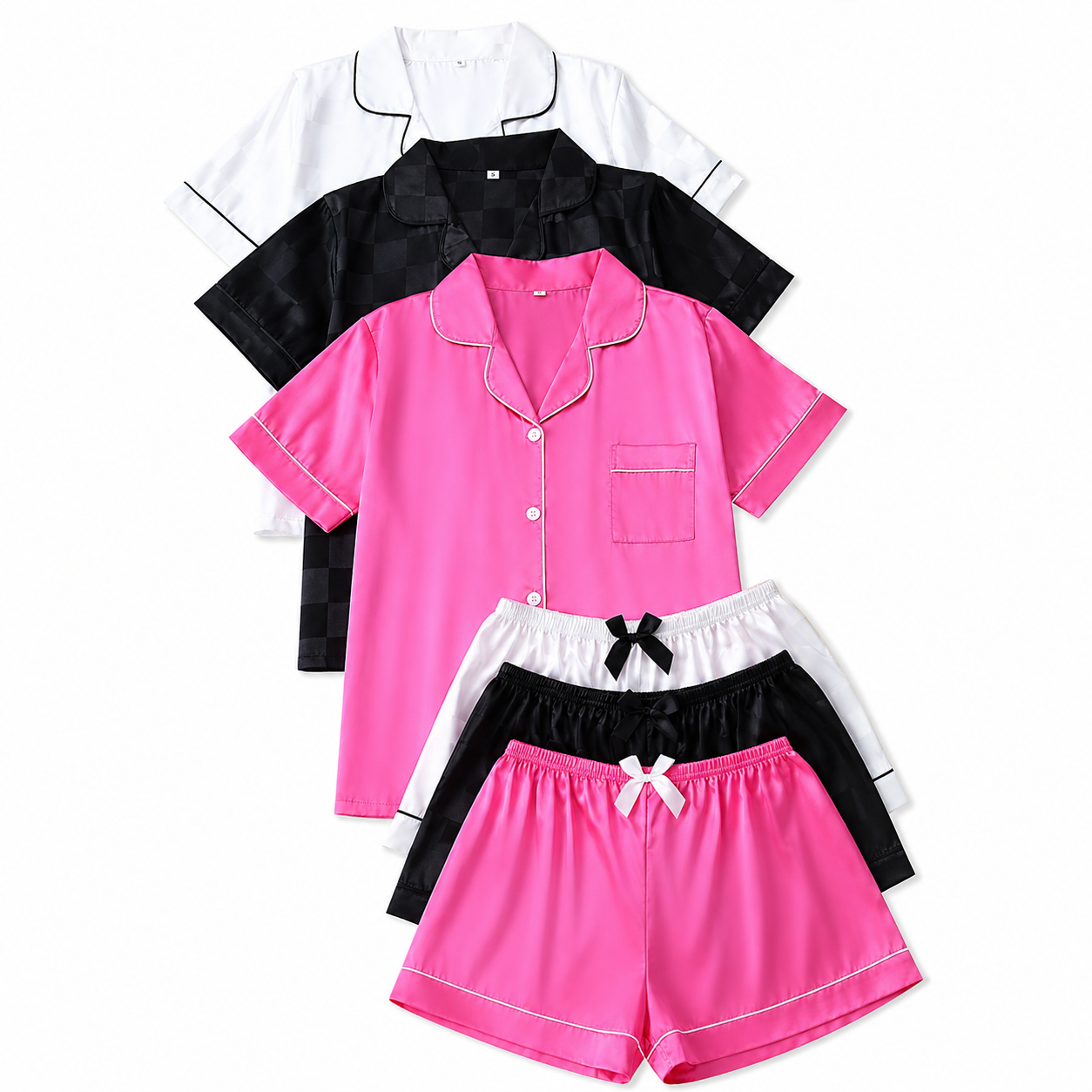 Solid Contrast Binding Bow Decor Pajama Set Sleeve Loungewear For Women