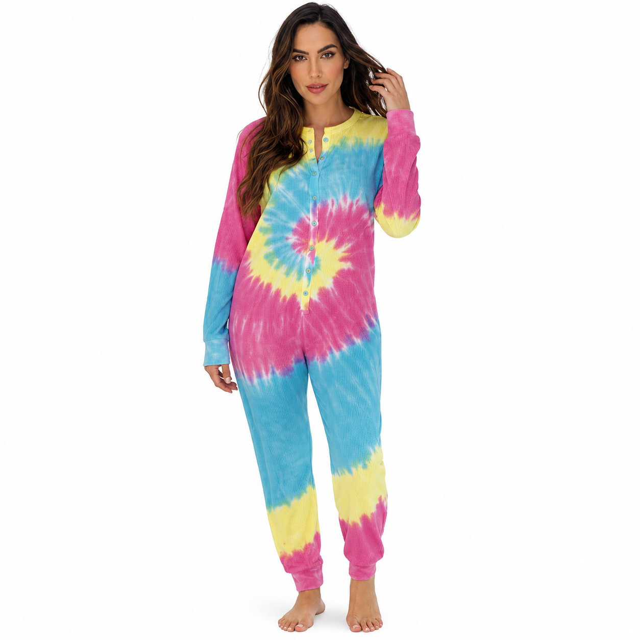 Tie Dye Henley Thermal Lounge Onesie For Women