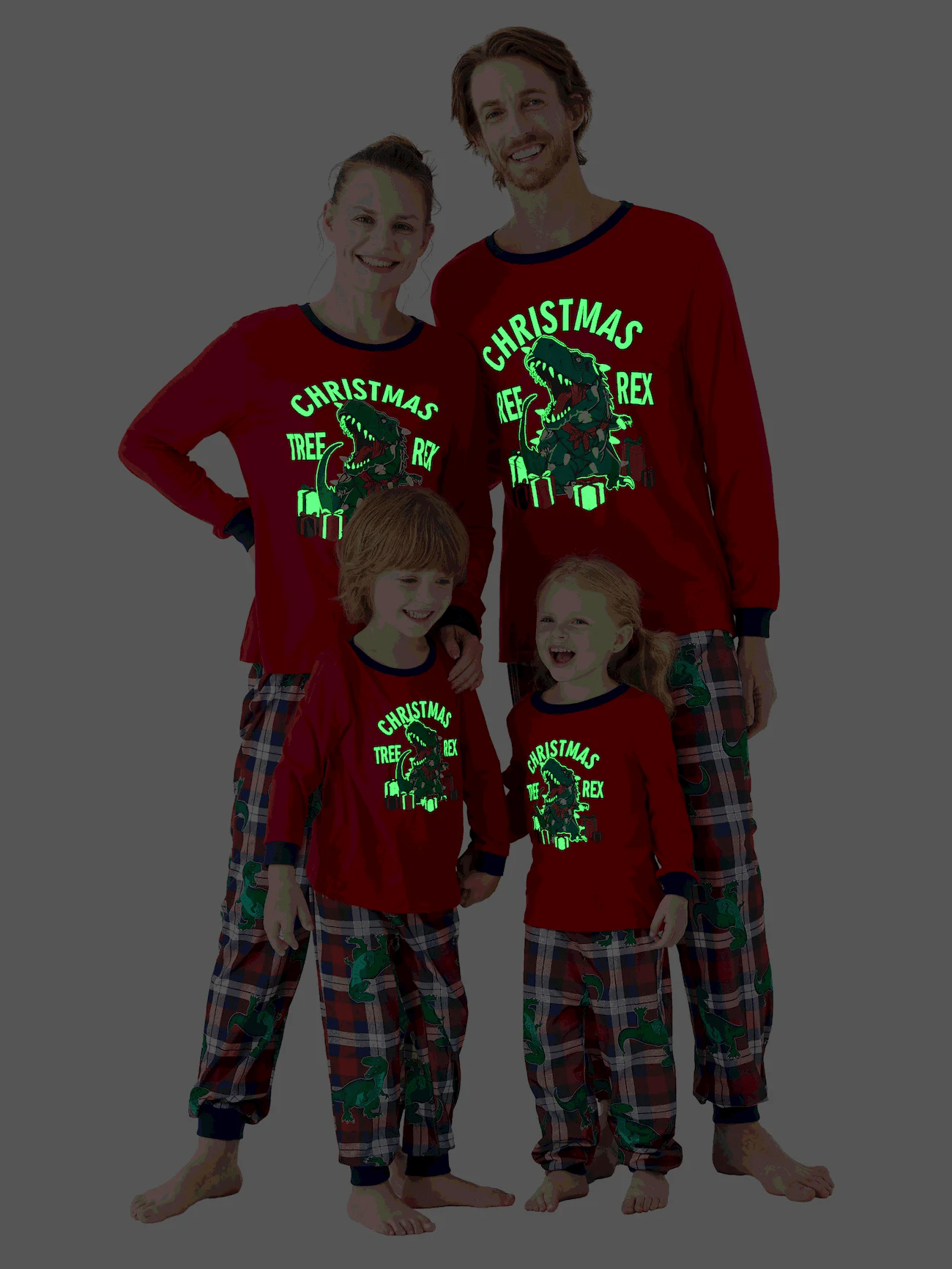 Printed Family Christmas Tree And T Rex Glow In The Dark Pajama Set-Original Pajamas