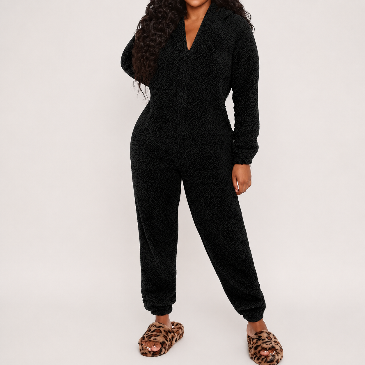 Solid Fall Winter Sleepwear Hooded Plush Pajama Jumpsuit With Zipper For Women