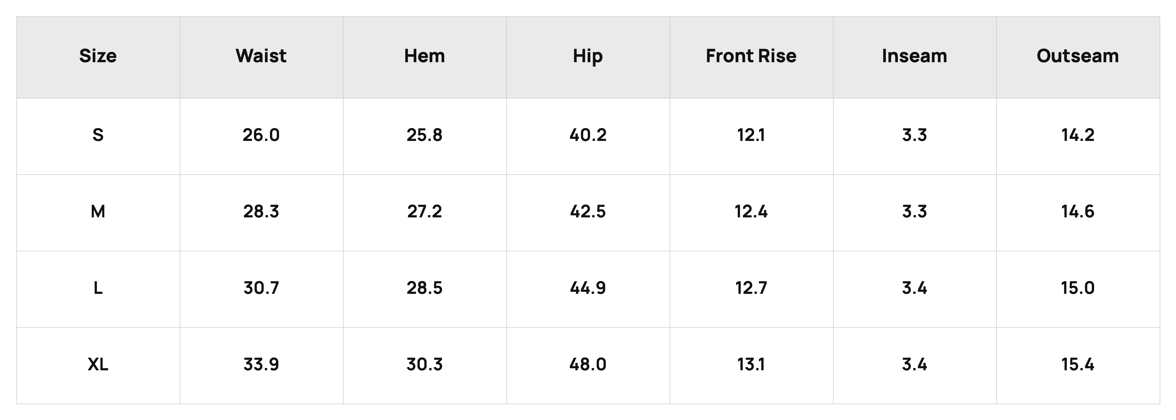 Size Chart Short