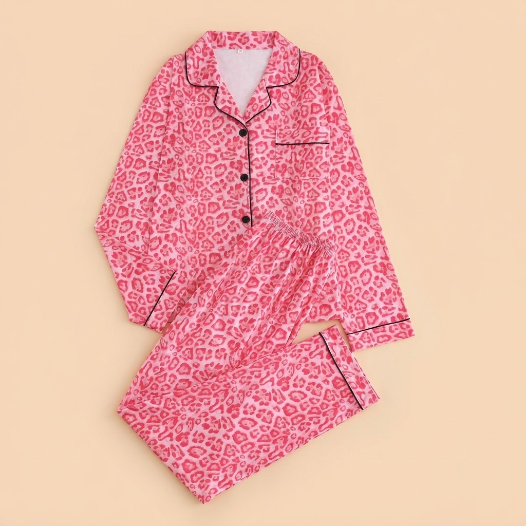 2 Piece Spot Print Button Up Loungewear Pajama Set for Women