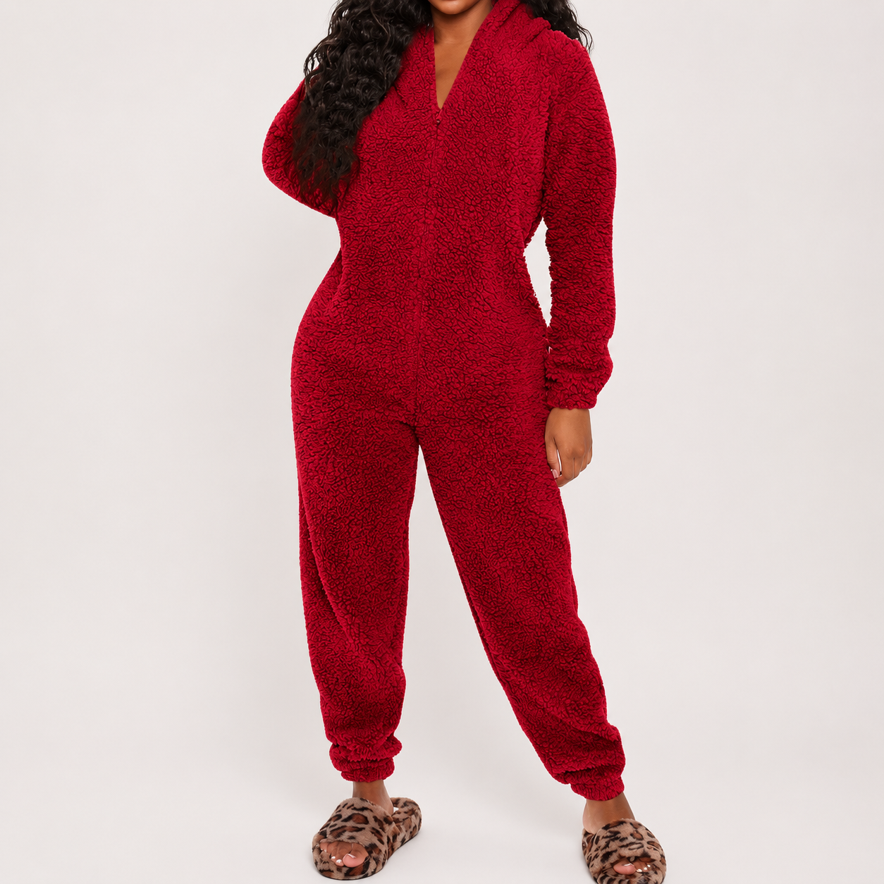 Solid Fall Winter Sleepwear Hooded Plush Pajama Jumpsuit With Zipper For Women