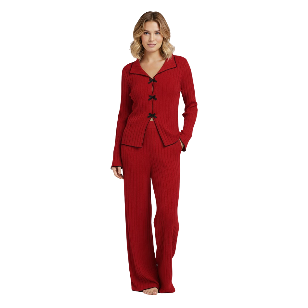 Ribbed Knit Pajama Set With Lapel Collar And Bows For Women