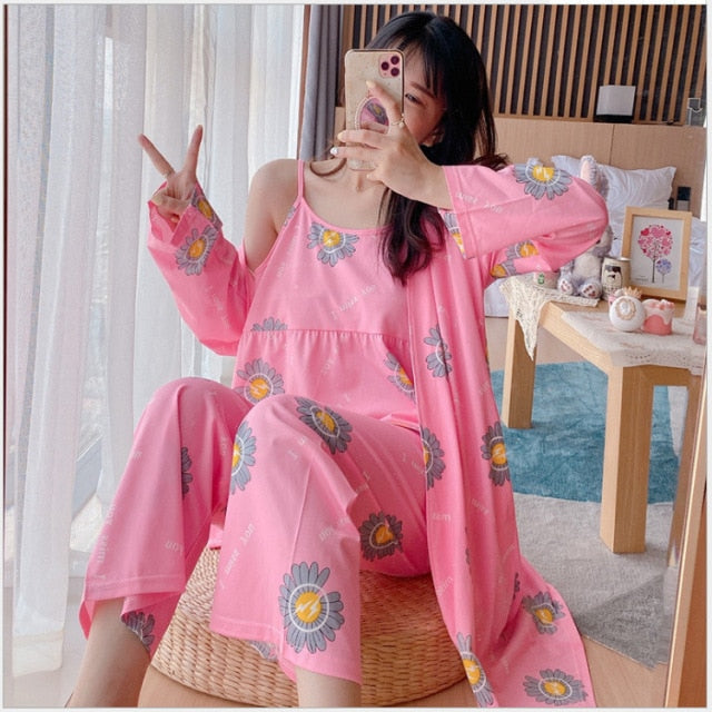 3 Piece Pajamas Floral Printed Autumn Robe Sleep Wear-Original Pajamas