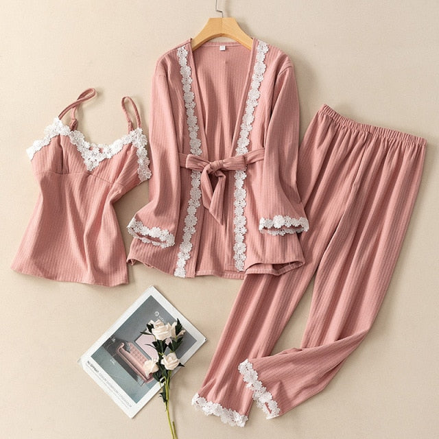 3 Piece Pajamas Cotton Autumn Polyester Lace Pajamas-Original Pajamas