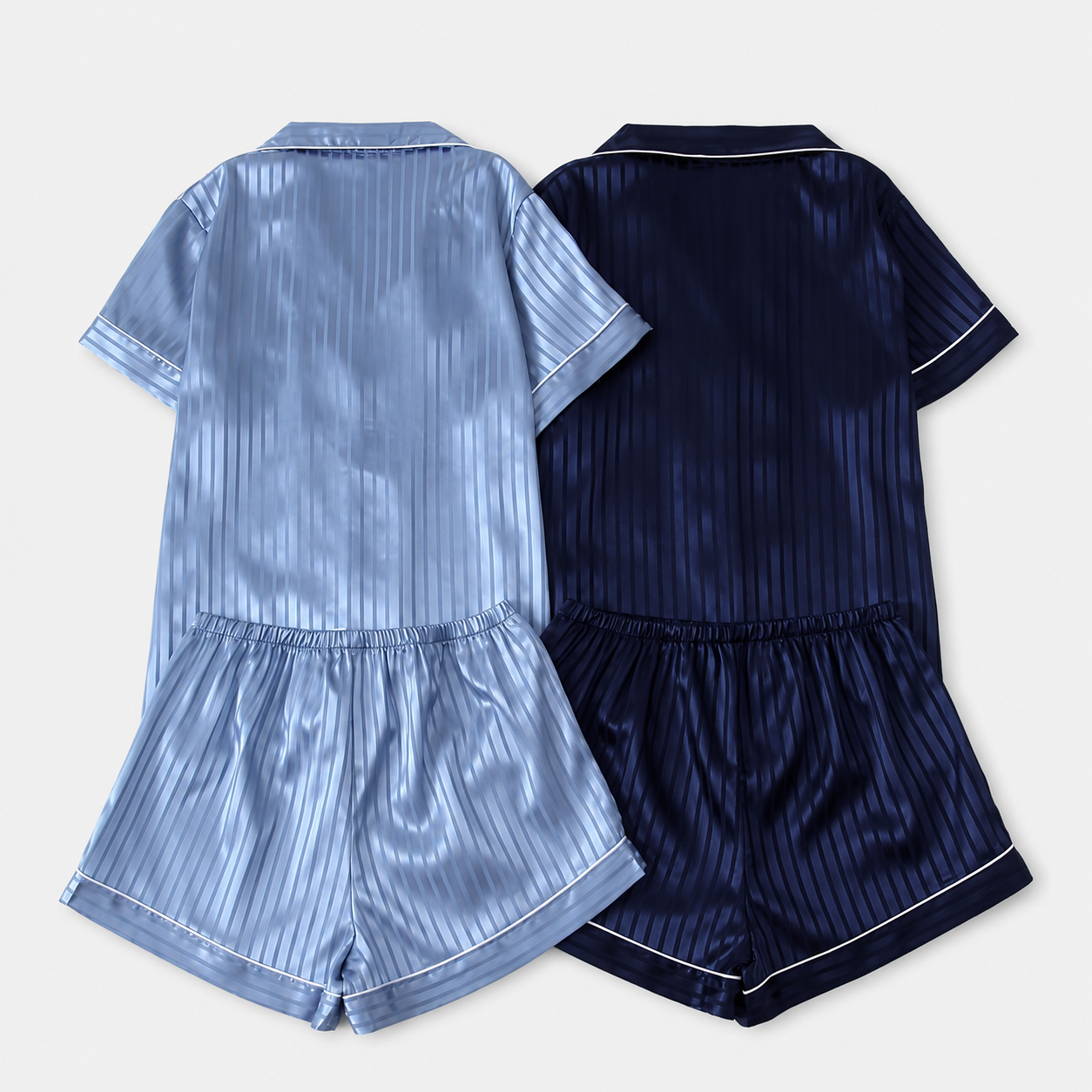 Two Piece Striped Satin Button Top And Shorts Pajama Set For Women