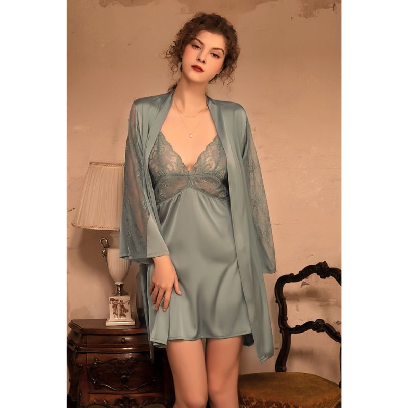 Embroidery Laced 2 Pieces Women Sleepwear Set With Belt-Original Pajamas