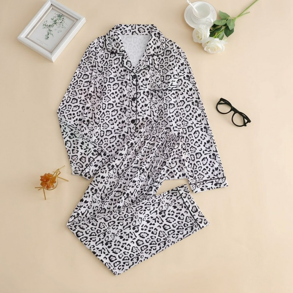 2 Piece Spot Print Button Up Loungewear Pajama Set for Women