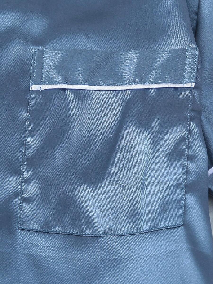 [Elegant Fields]2pcs/Set Satin Blue Pajama Set Include Short Sleeve Lapel Top And Bowknot Shorts For Women, Homewear, Two Pieces Set, Cool Light Blue - Blue - View 5
